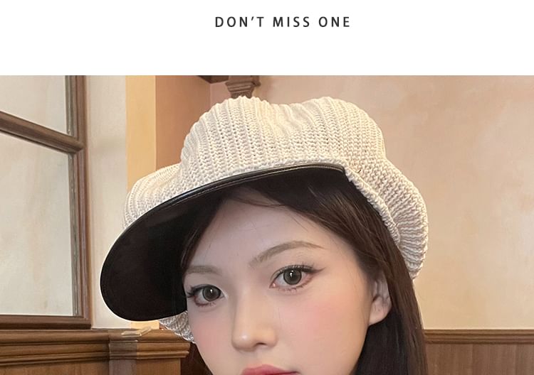 Faux Leather Panel Knit Newsboy Cap