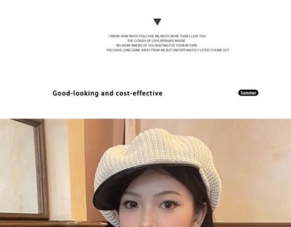 Faux Leather Panel Knit Newsboy Cap