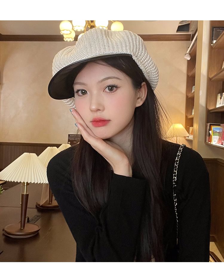 Faux Leather Panel Knit Newsboy Cap