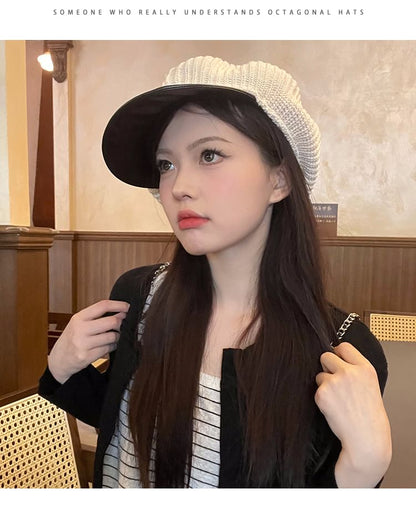 Faux Leather Panel Knit Newsboy Cap