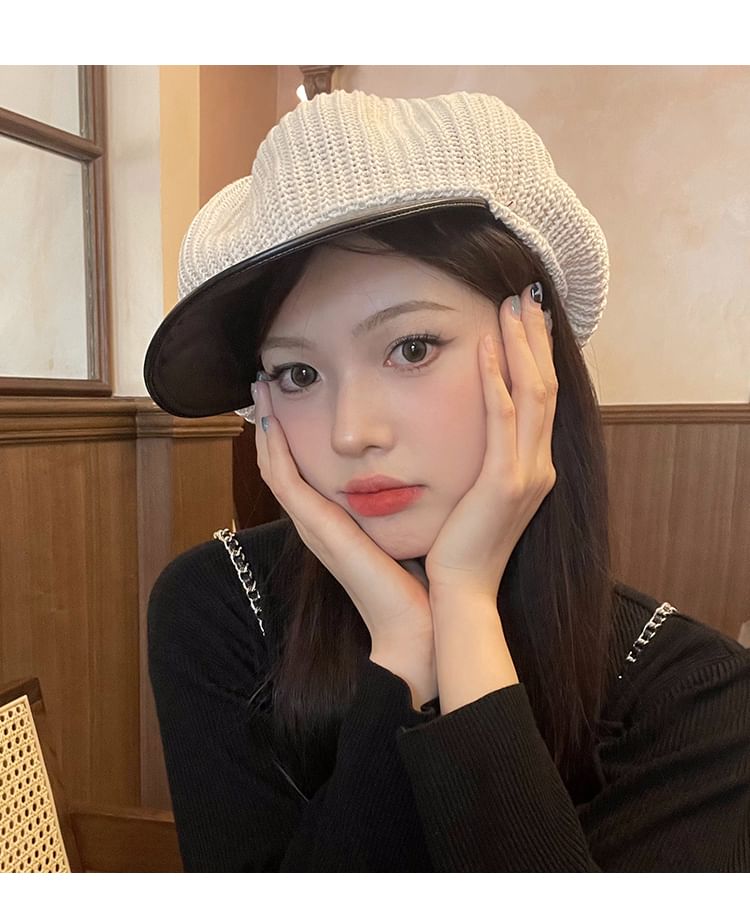 Faux Leather Panel Knit Newsboy Cap