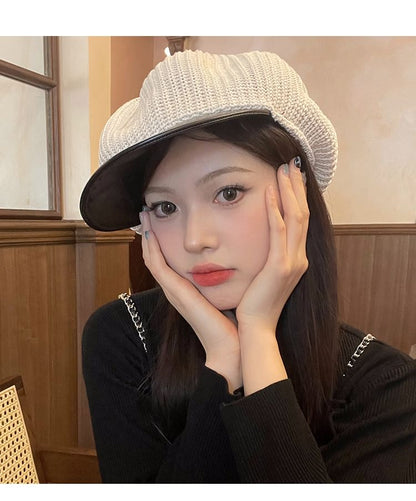 Faux Leather Panel Knit Newsboy Cap