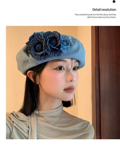 Floral Accent Denim Beret