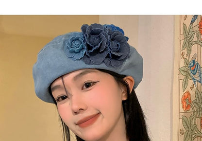 Floral Accent Denim Beret