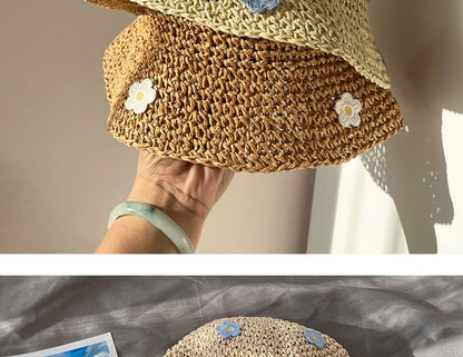 Floral Accent Straw Bucket Hat