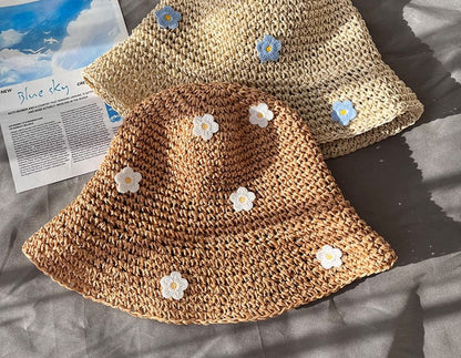 Floral Accent Straw Bucket Hat