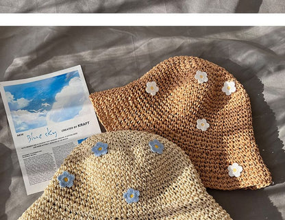 Floral Accent Straw Bucket Hat