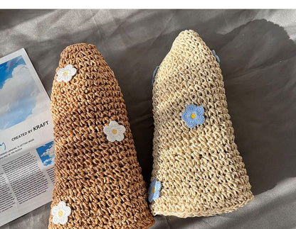 Floral Accent Straw Bucket Hat