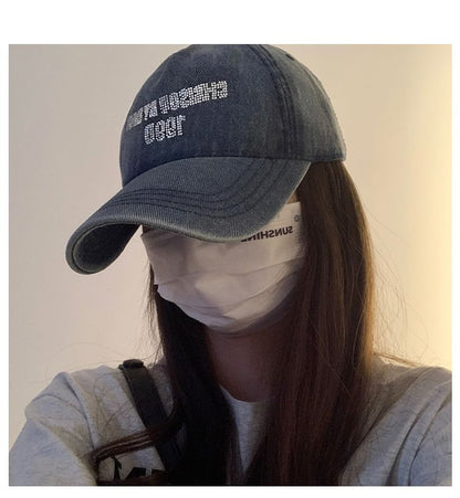 Lettering Rhinestone Washed Denim Baseball Cap