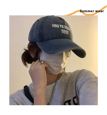 Lettering Rhinestone Washed Denim Baseball Cap