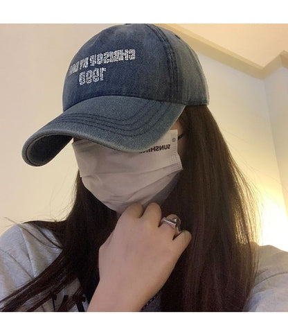 Lettering Rhinestone Washed Denim Baseball Cap