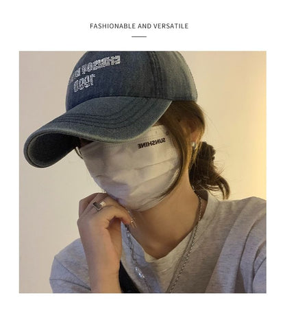 Lettering Rhinestone Washed Denim Baseball Cap