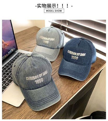 Lettering Rhinestone Washed Denim Baseball Cap