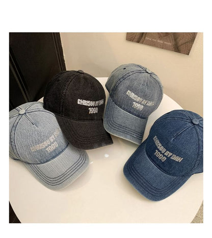 Lettering Rhinestone Washed Denim Baseball Cap