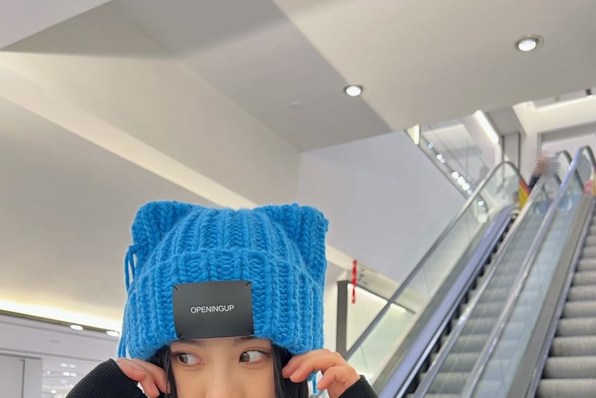 Cat Ear Lettering Applique Knit Beanie