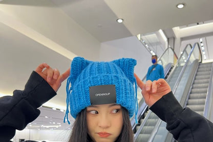 Cat Ear Lettering Applique Knit Beanie