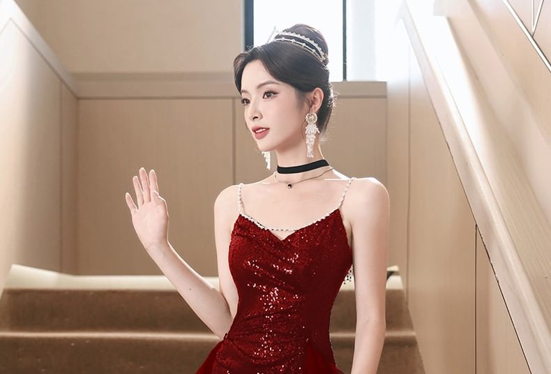 Beaded Strap Plain Sequin Slit Panel Mesh A-Line Evening Gown