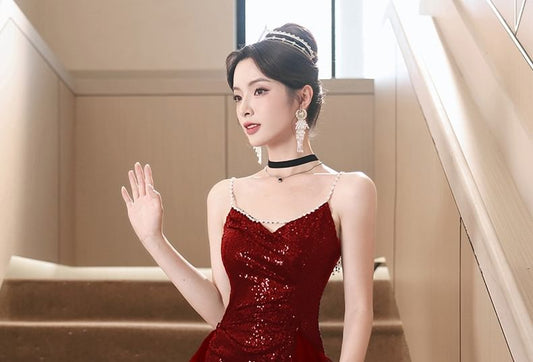 Beaded Strap Plain Sequin Slit Panel Mesh A-Line Evening Gown