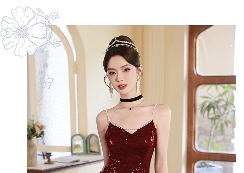 Beaded Strap Plain Sequin Slit Panel Mesh A-Line Evening Gown