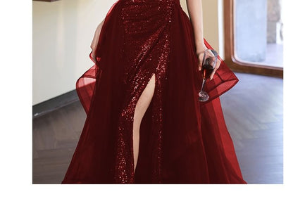 Beaded Strap Plain Sequin Slit Panel Mesh A-Line Evening Gown