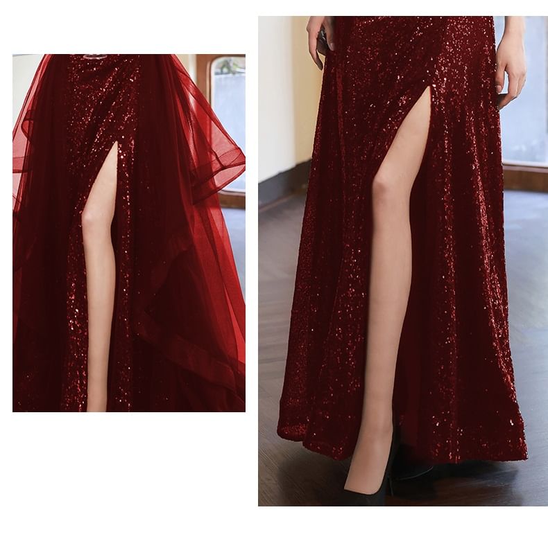 Beaded Strap Plain Sequin Slit Panel Mesh A-Line Evening Gown