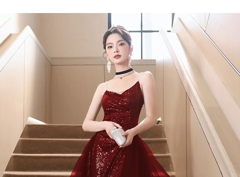 Beaded Strap Plain Sequin Slit Panel Mesh A-Line Evening Gown