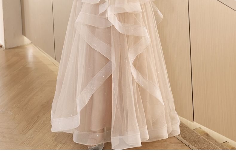 Short-Sleeve Stand Collar Ruffle Cutout Faux Pearl Trim Panel A-Line Evening Gown