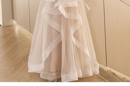 Short-Sleeve Stand Collar Ruffle Cutout Faux Pearl Trim Panel A-Line Evening Gown