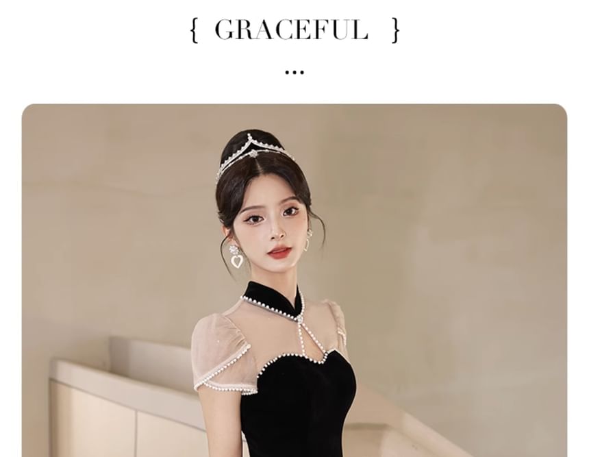 Short-Sleeve Stand Collar Ruffle Cutout Faux Pearl Trim Panel A-Line Evening Gown