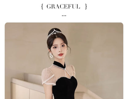 Short-Sleeve Stand Collar Ruffle Cutout Faux Pearl Trim Panel A-Line Evening Gown