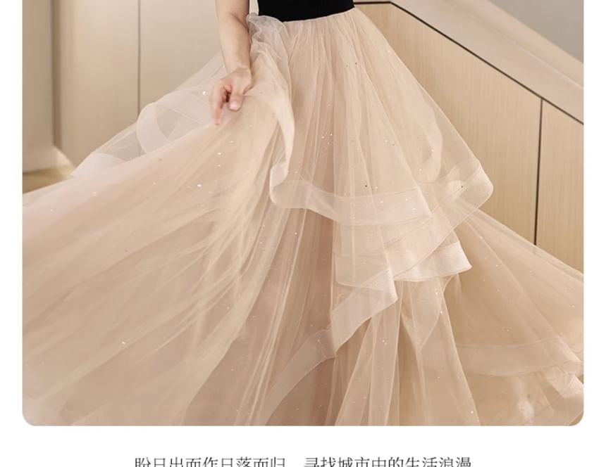 Short-Sleeve Stand Collar Ruffle Cutout Faux Pearl Trim Panel A-Line Evening Gown