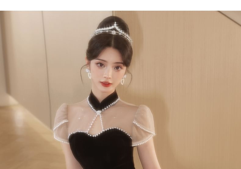 Short-Sleeve Stand Collar Ruffle Cutout Faux Pearl Trim Panel A-Line Evening Gown