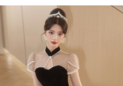 Short-Sleeve Stand Collar Ruffle Cutout Faux Pearl Trim Panel A-Line Evening Gown