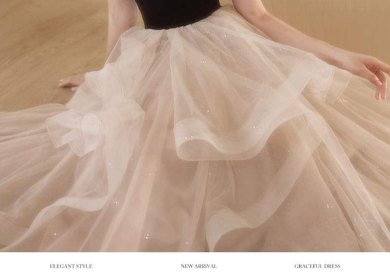 Short-Sleeve Stand Collar Ruffle Cutout Faux Pearl Trim Panel A-Line Evening Gown