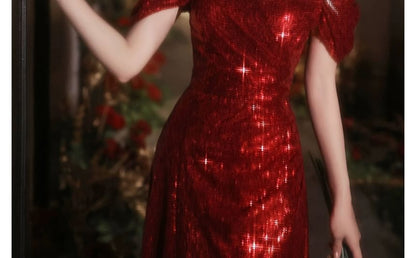 Short-Sleeve Square Neck Plain Sequin Slit A-Line Evening Gown