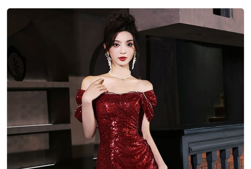 Short-Sleeve Square Neck Plain Sequin Slit A-Line Evening Gown