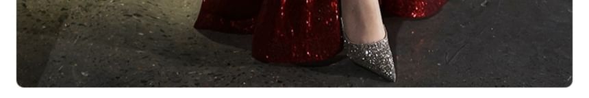 Sequin Short-Sleeve Square Plain Gown A-Line Slit Neck Evening