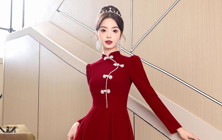 Long-Sleeve Mandarin Collar Faux Pearl Frog Closure A-Line Evening Gown