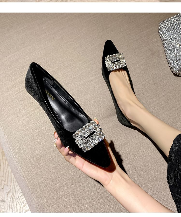 Pointed Toe Rhinestone Buckle Wedge Pumps