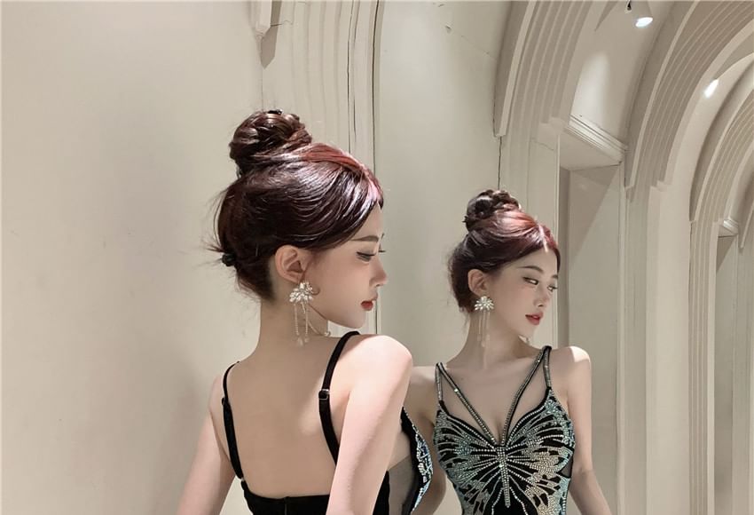 Rhinestone Gown Slit Butterfly Spaghetti Strap Evening Velvet Back Open V-Neck Mermaid