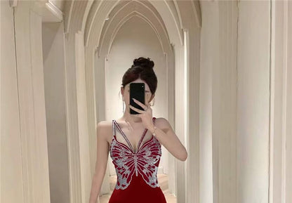 Rhinestone Gown Slit Butterfly Spaghetti Strap Evening Velvet Back Open V-Neck Mermaid