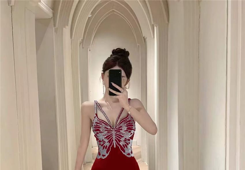 Spaghetti Strap V-Neck Butterfly Rhinestone Open Back Slit Velvet Mermaid Evening Gown