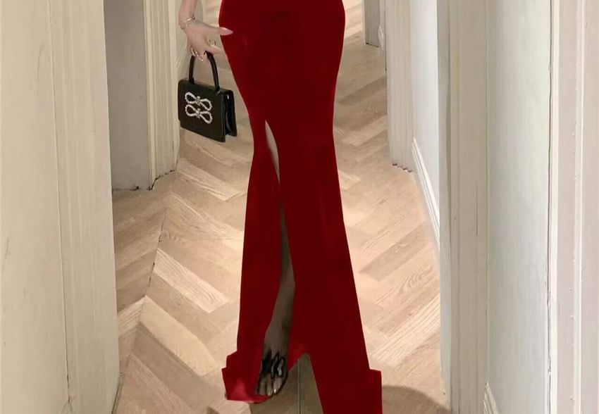 Spaghetti Strap V-Neck Butterfly Rhinestone Open Back Slit Velvet Mermaid Evening Gown