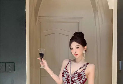 Rhinestone Gown Slit Butterfly Spaghetti Strap Evening Velvet Back Open V-Neck Mermaid