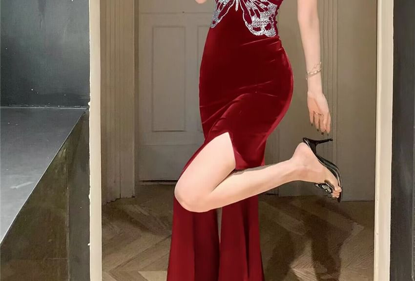 Spaghetti Strap V-Neck Butterfly Rhinestone Open Back Slit Velvet Mermaid Evening Gown