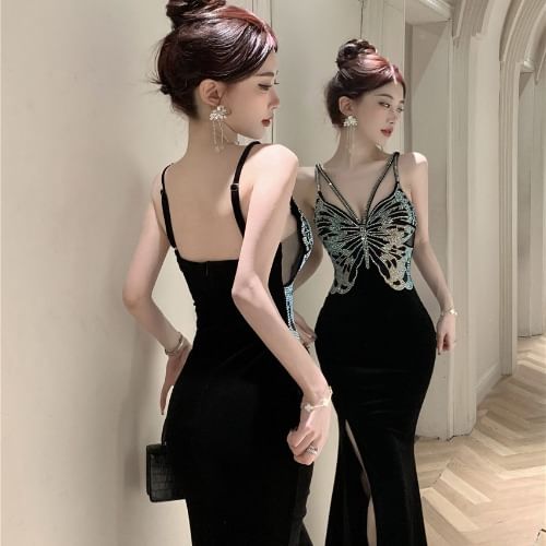 Spaghetti Strap V-Neck Butterfly Rhinestone Open Back Slit Velvet Mermaid Evening Gown