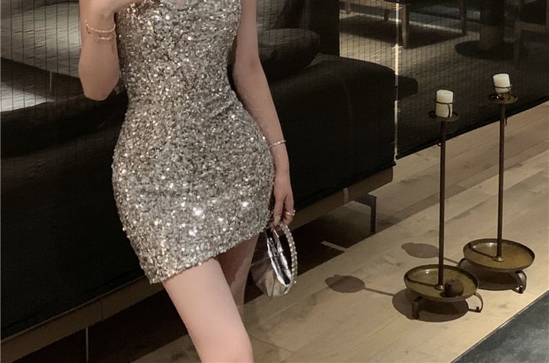 Halter Plain Sequin Mini Sheath Cocktail Dress Egirldoll