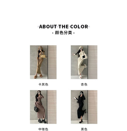 Long-Sleeve Ribbed Knit Mermaid Maxi Dress