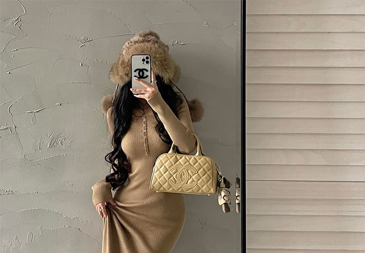 Long-Sleeve Ribbed Knit Mermaid Maxi Dress