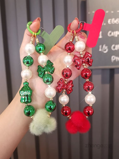 Pom Pom Faux Pearl Wrist Phone Strap with Lanyard Pad